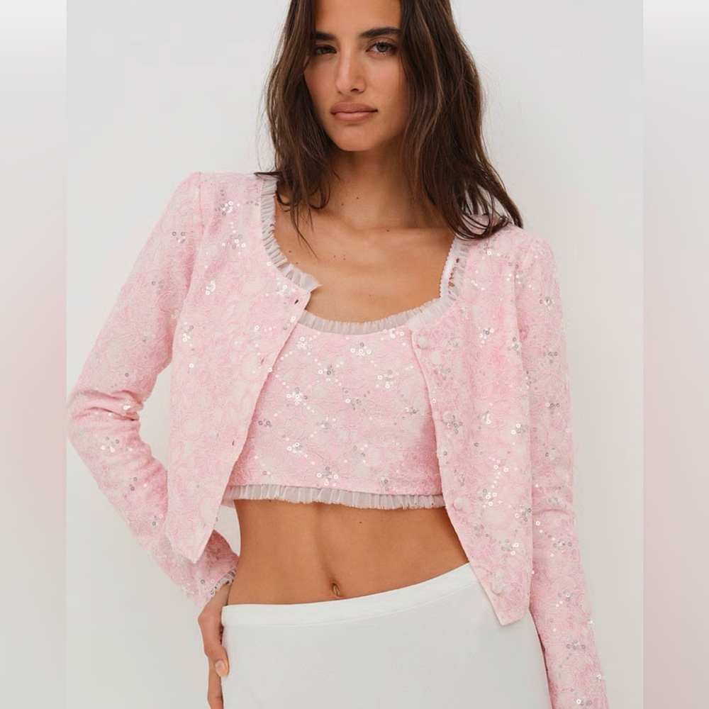 For Love And Lemons Pink Lace Embellished Top and Cardigan Set - New With Tags